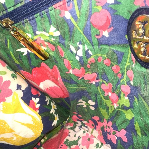 Tory Burch Navy and Denim Shoulder Tote Bag with Floral Interior - Picture 12 of 13